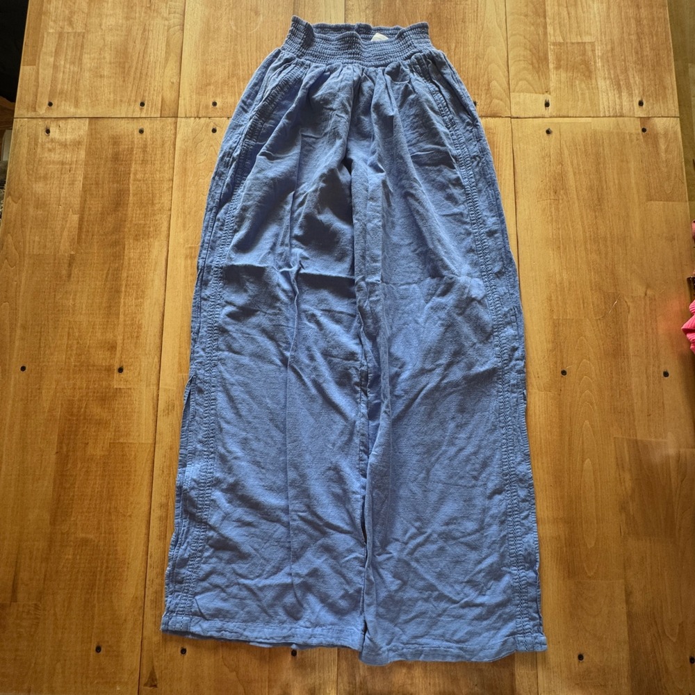 Blanco By Nature Blue 100% Cotton Smocked Wide Leg Pants Side Slit Peru Medium